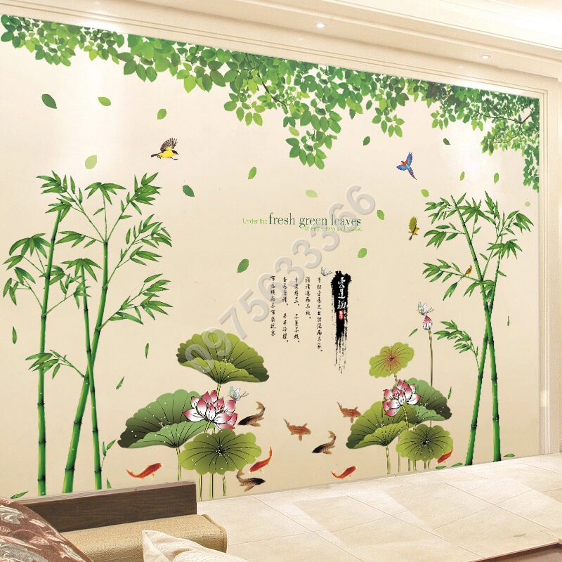Decal trang trí hoa sen và cây tre  N204