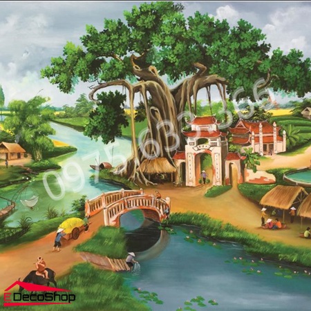 Tranh Dán Tường 3D Cây Đa Giếng Nước Sân Đình E112